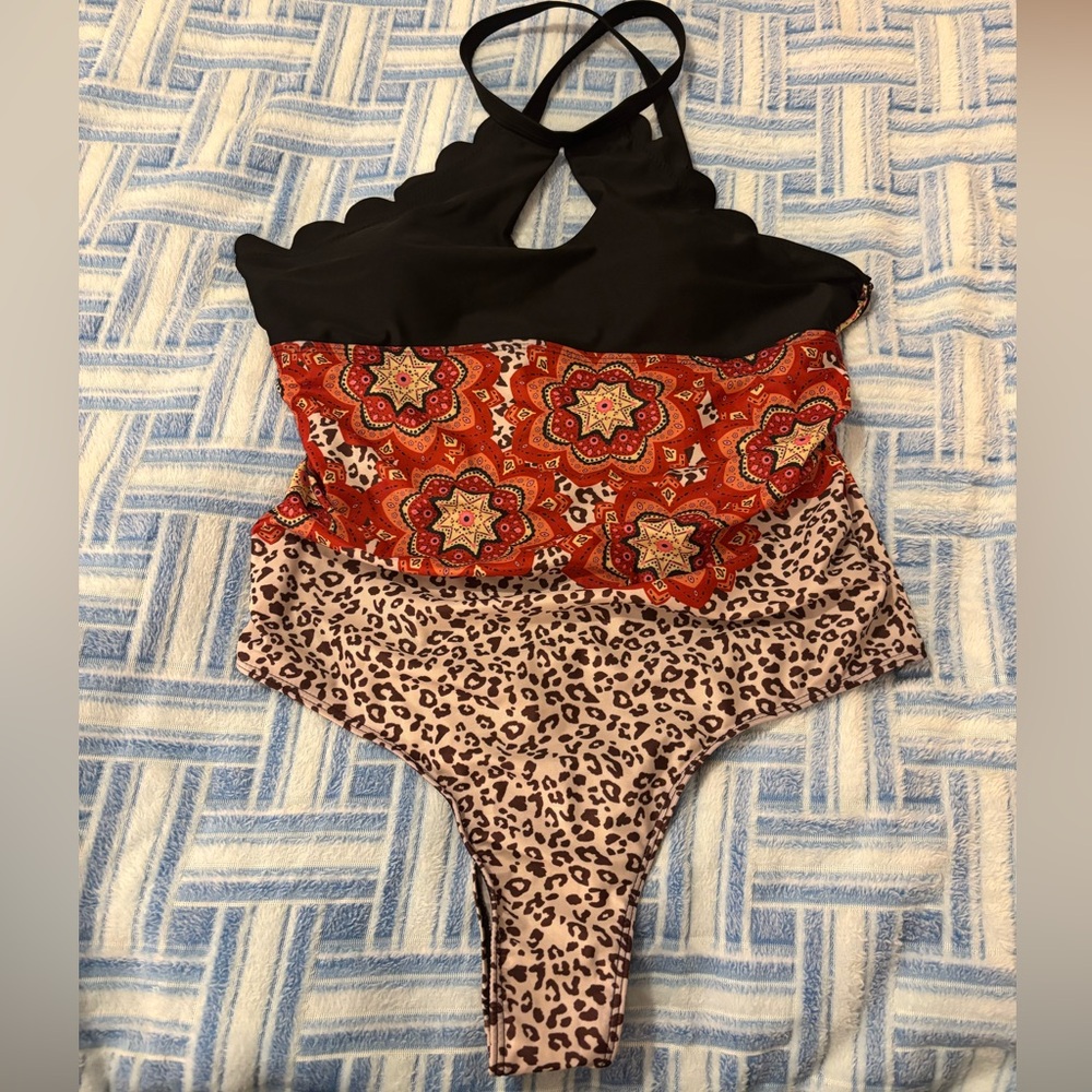 Black and Red Patterned and Leopard One-Piece Swimsuit